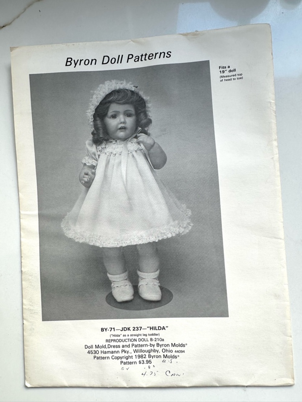 1982 Byron Doll Sewing Pattern BY-21 Dress Fits 17.5" Hilda Doll Vintage